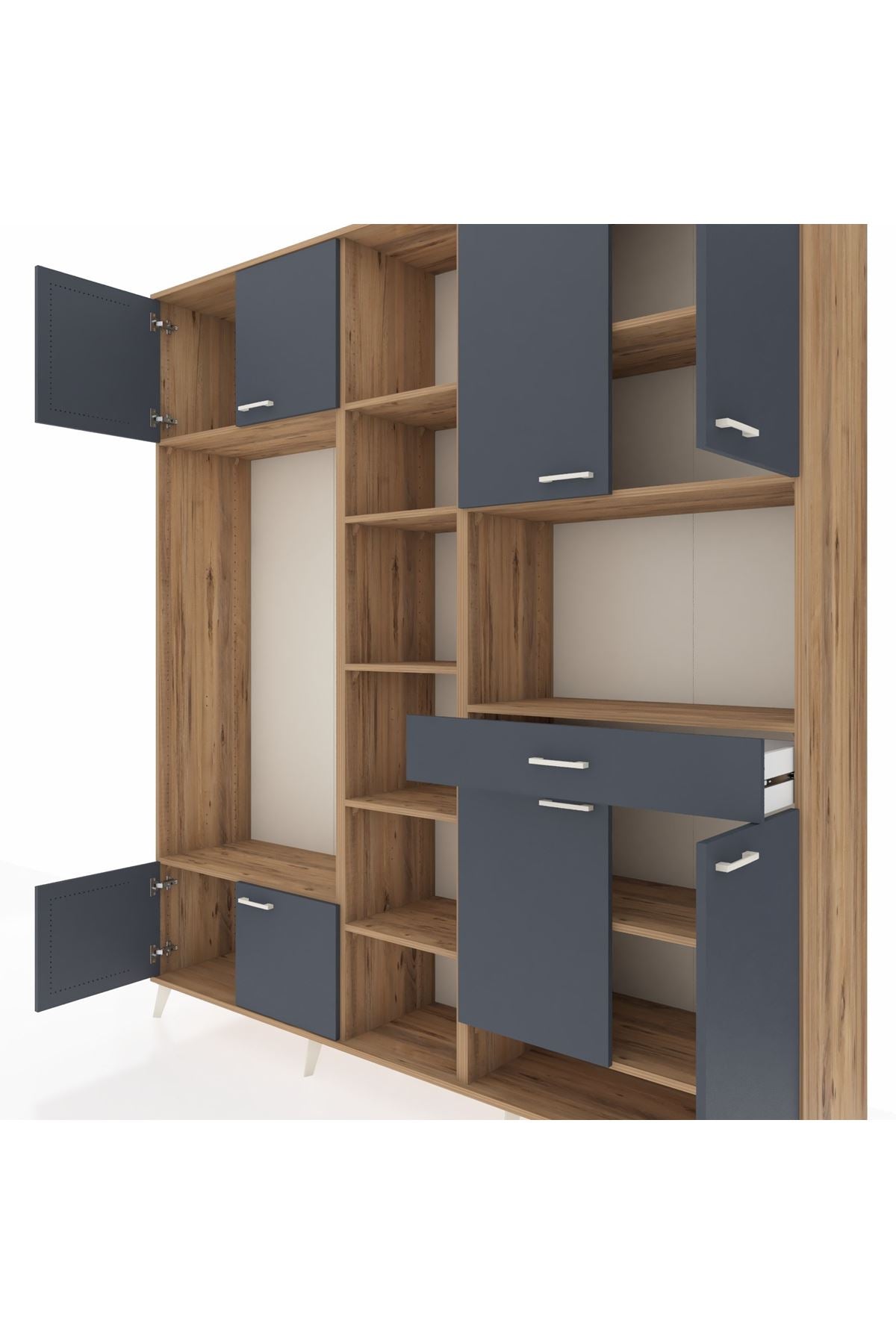 Hyperion Dolap 12 Raflı Tek Çekmeceli 8 Kapaklı 220x44x243 Çam-Antrasit/Antrasit