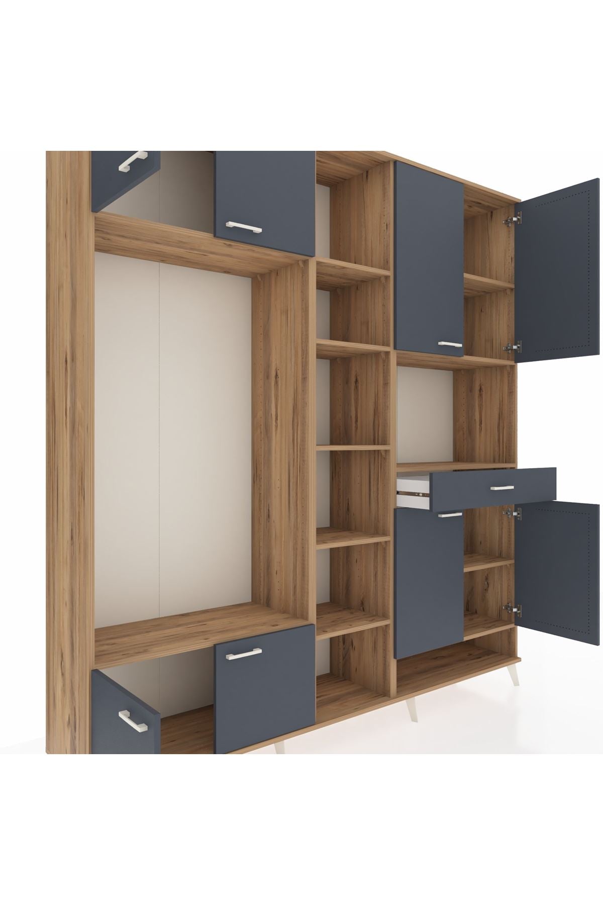 Hyperion Dolap 12 Raflı Tek Çekmeceli 8 Kapaklı 220x44x243 Çam-Antrasit/Antrasit