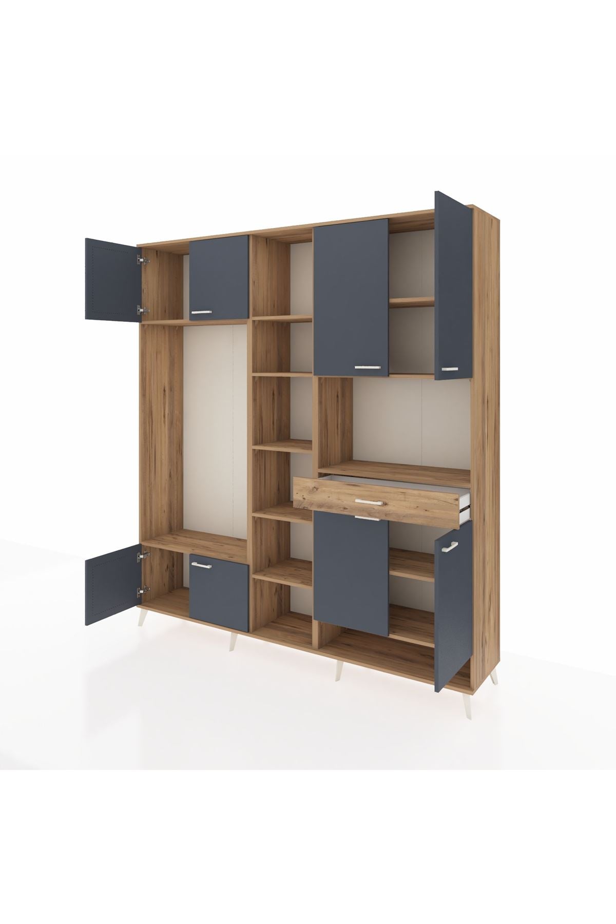 Hyperion Dolap 12 Raflı Tek Çekmeceli 8 Kapaklı 220x44x243 Çam-Antrasit/Çam