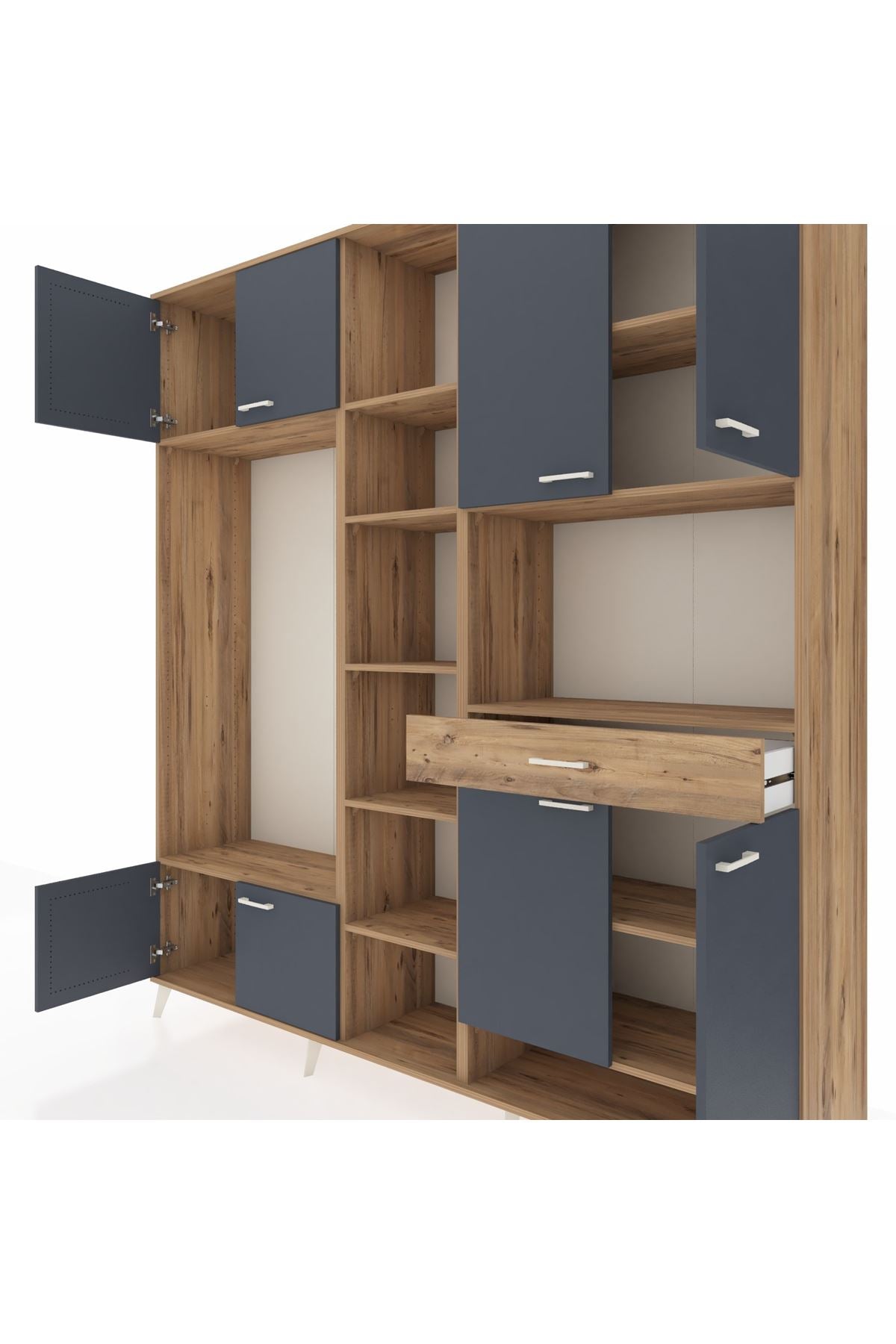 Hyperion Dolap 12 Raflı Tek Çekmeceli 8 Kapaklı 220x44x243 Çam-Antrasit/Çam