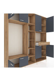 Hyperion Dolap 12 Raflı Tek Çekmeceli 8 Kapaklı 220x44x243 Çam-Antrasit/Çam