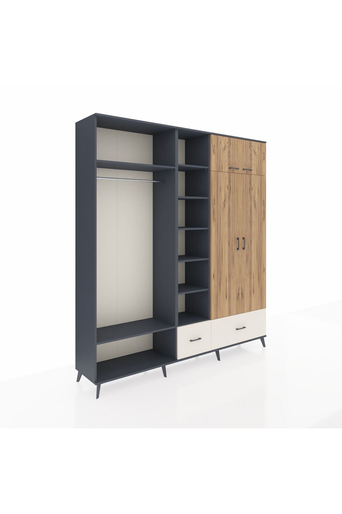 Hyperion Dolap 12 Raflı 2 Çekmeceli 2 Askılı 220x44x243 Antrasit-Çam/Aytaşı