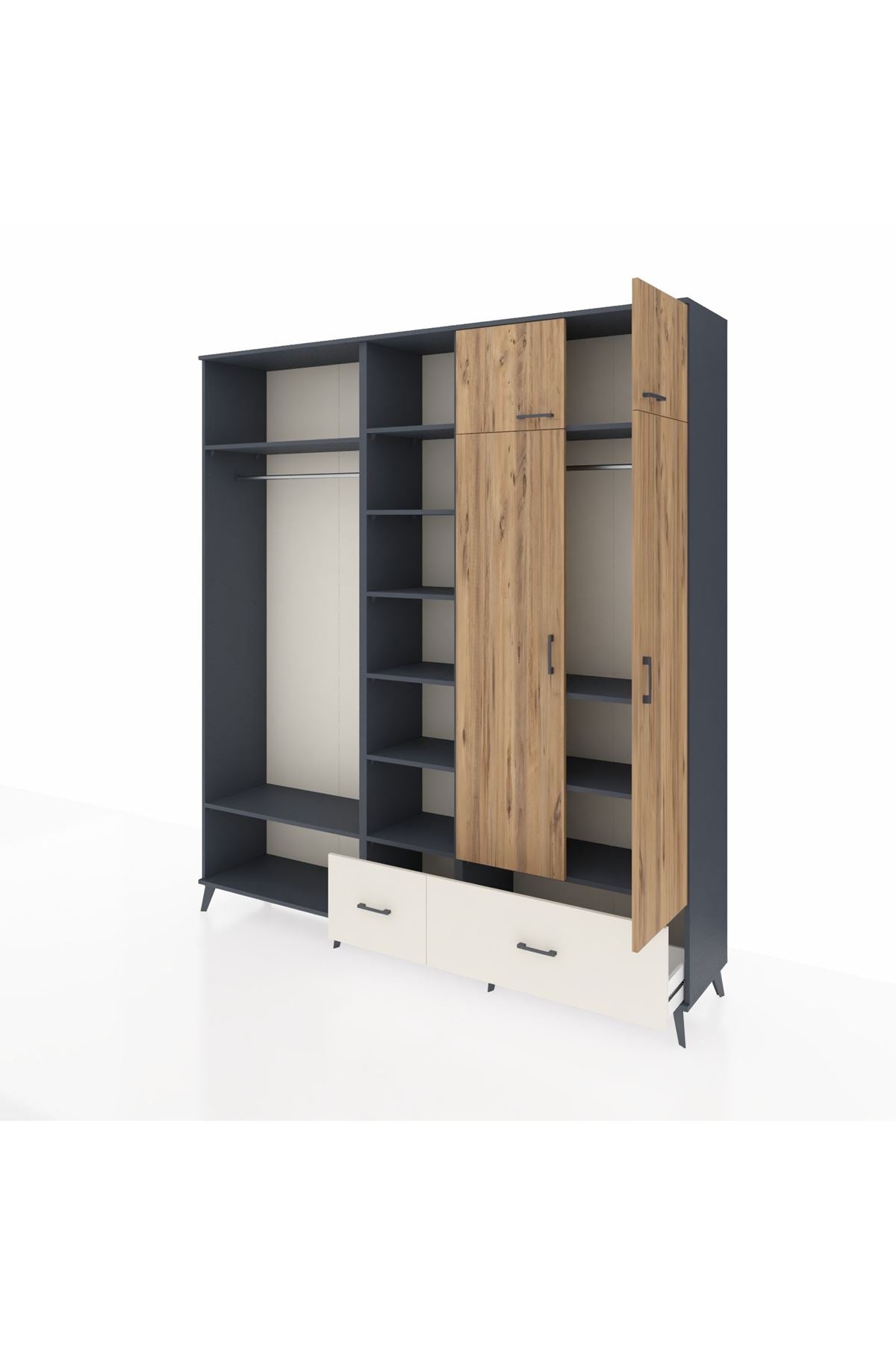 Hyperion Dolap 12 Raflı 2 Çekmeceli 2 Askılı 220x44x243 Antrasit-Çam/Aytaşı