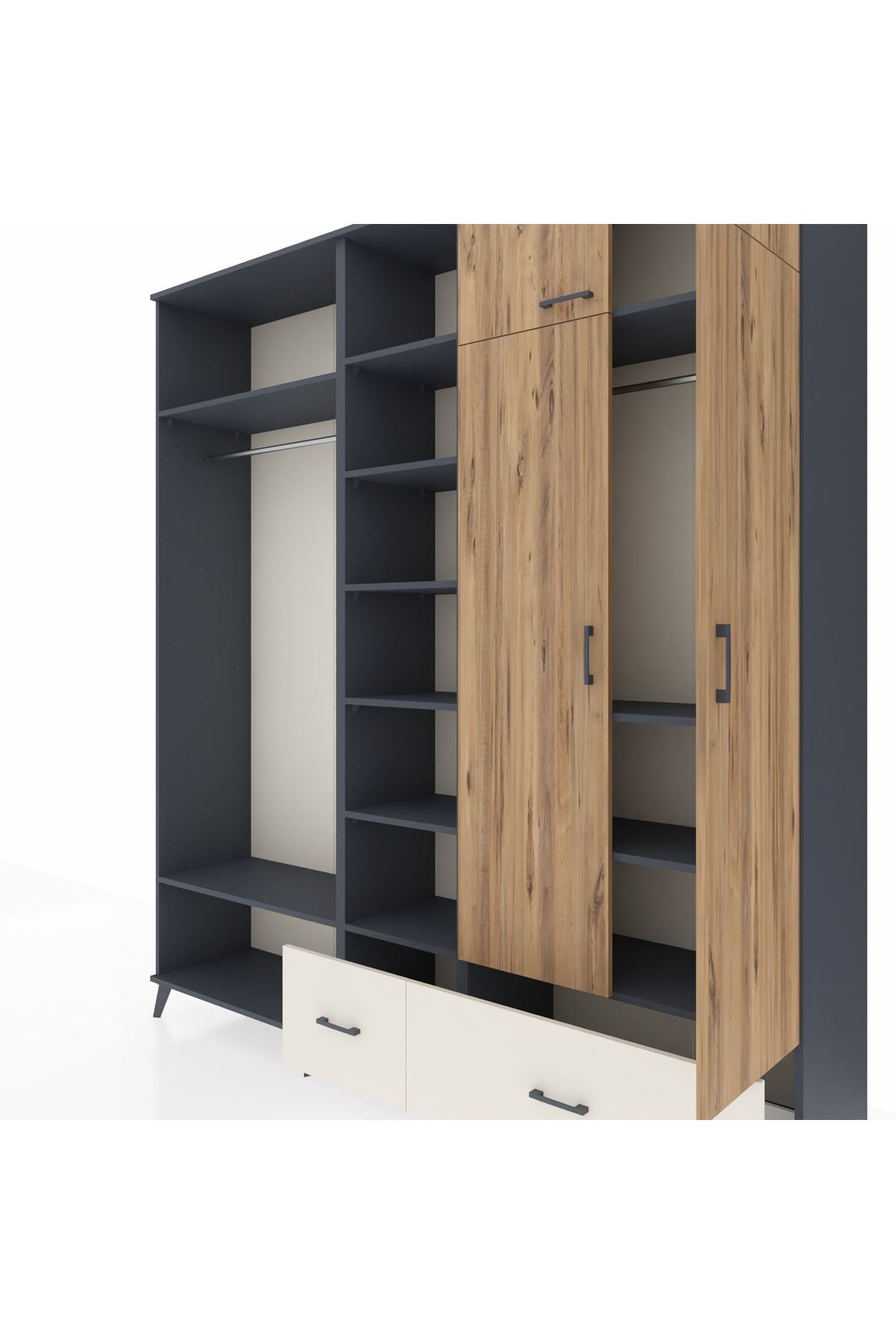 Hyperion Dolap 12 Raflı 2 Çekmeceli 2 Askılı 220x44x243 Antrasit-Çam/Aytaşı