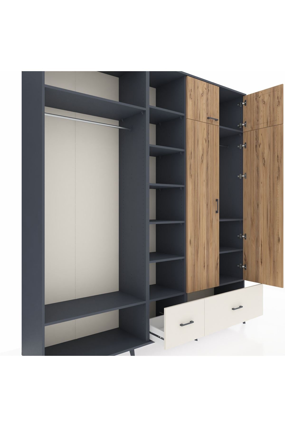 Hyperion Dolap 12 Raflı 2 Çekmeceli 2 Askılı 220x44x243 Antrasit-Çam/Aytaşı