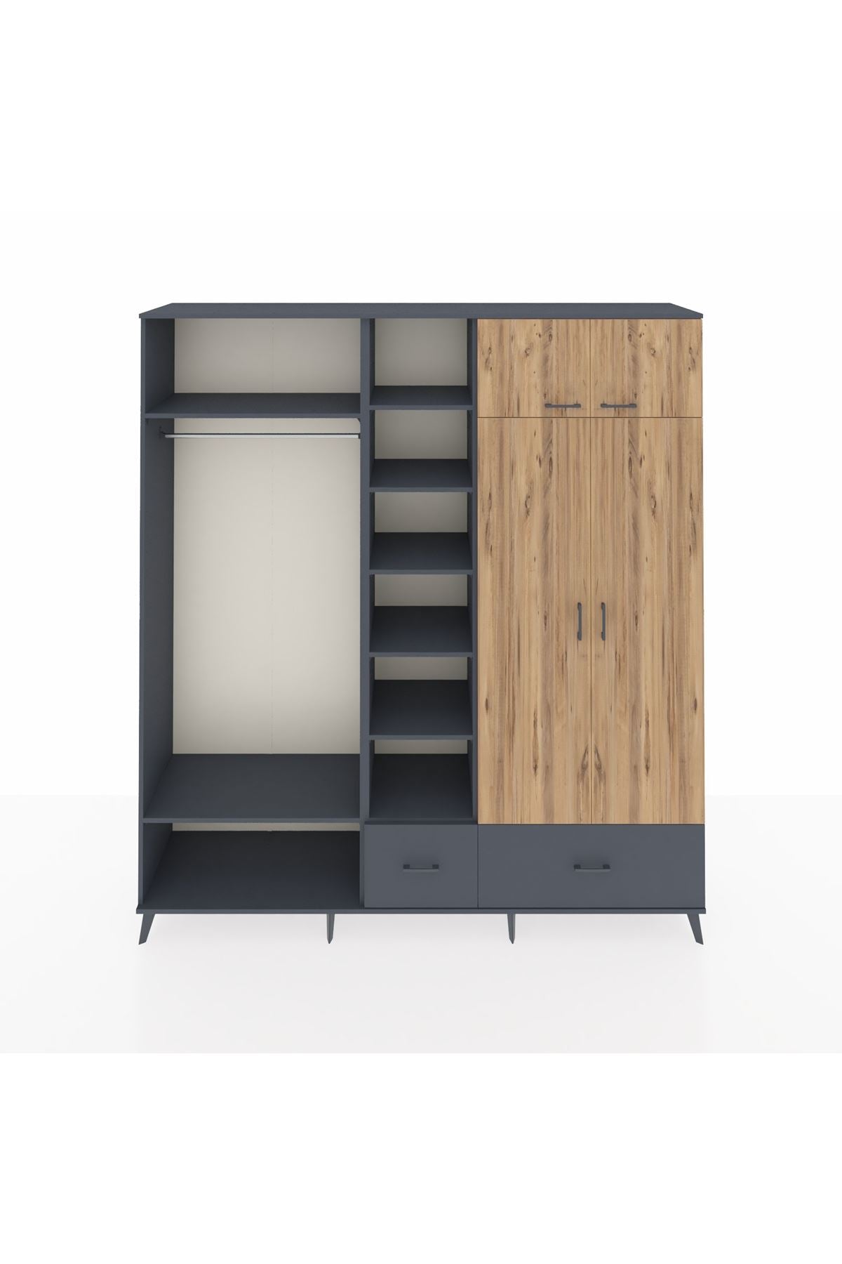 Hyperion Dolap 12 Raflı 2 Çekmeceli 2 Askılı 220x44x243 Antrasit-Çam/Antrasit