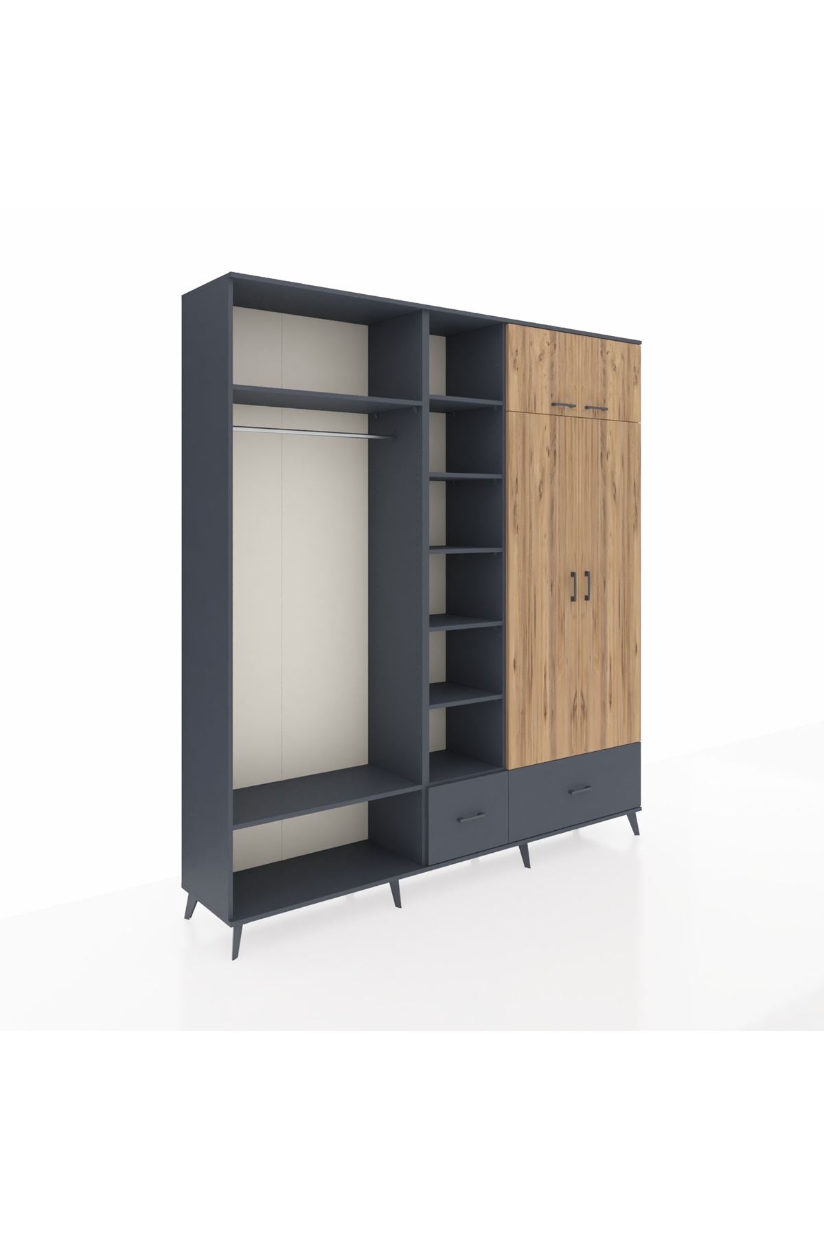 Hyperion Dolap 12 Raflı 2 Çekmeceli 2 Askılı 220x44x243 Antrasit-Çam/Antrasit