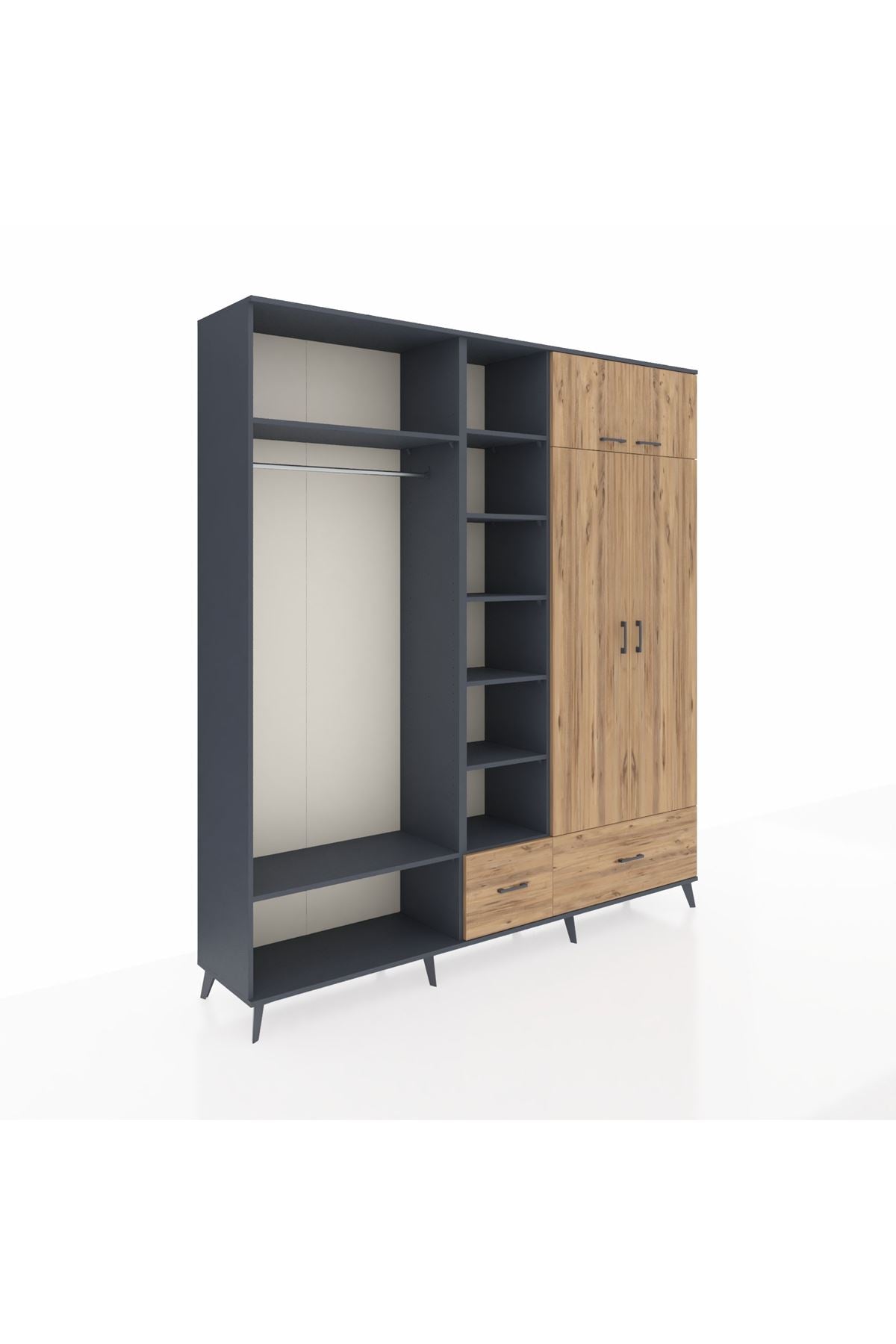 Hyperion Gardrop 12 Raflı 2 Çekmeceli 2 Askılı 220x44x243 Antrasit-Çam/Çam