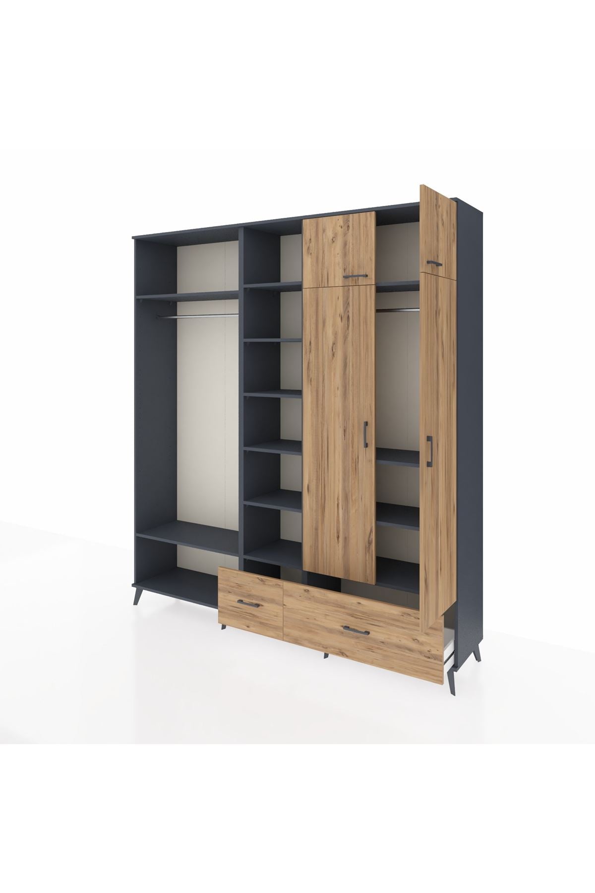 Hyperion Gardrop 12 Raflı 2 Çekmeceli 2 Askılı 220x44x243 Antrasit-Çam/Çam