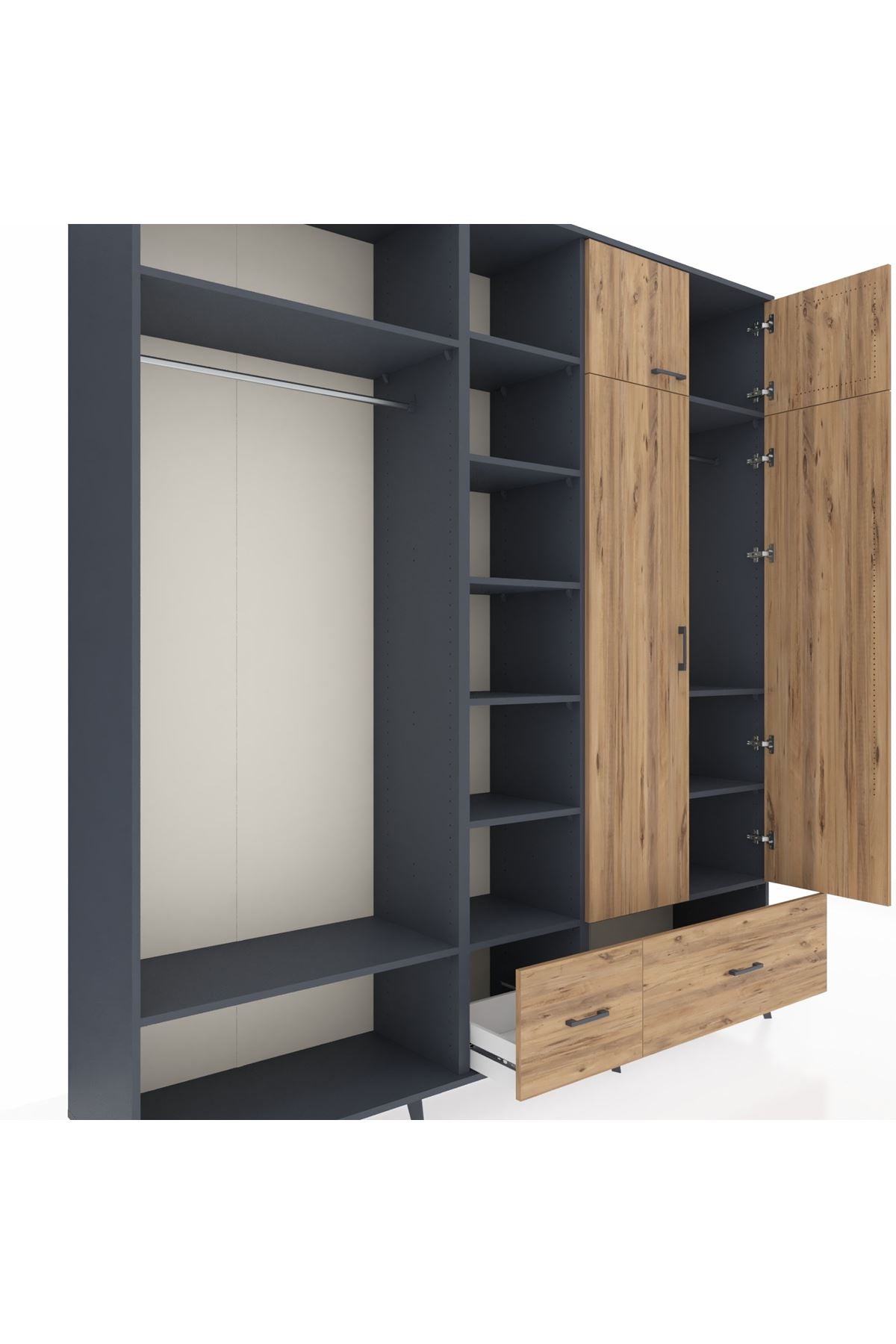 Hyperion Gardrop 12 Raflı 2 Çekmeceli 2 Askılı 220x44x243 Antrasit-Çam/Çam