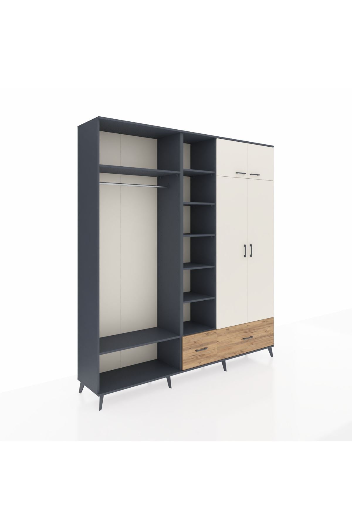 Hyperion Dolap 12 Raflı 2 Çekmeceli 2 Askılı 220x44x243 Antrasit-Aytaşı/Çam