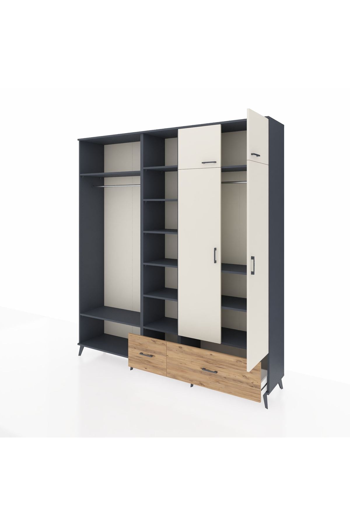 Hyperion Dolap 12 Raflı 2 Çekmeceli 2 Askılı 220x44x243 Antrasit-Aytaşı/Çam