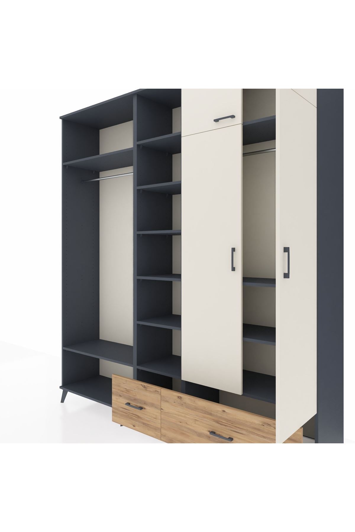 Hyperion Dolap 12 Raflı 2 Çekmeceli 2 Askılı 220x44x243 Antrasit-Aytaşı/Çam