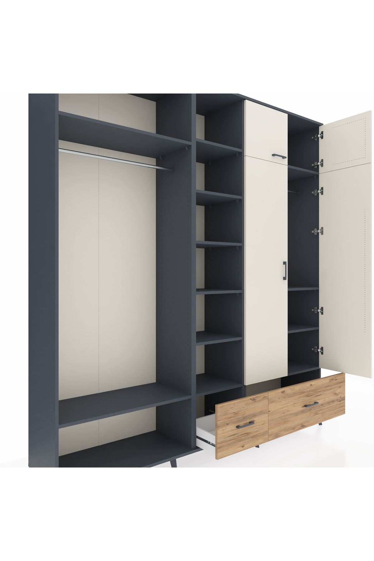 Hyperion Dolap 12 Raflı 2 Çekmeceli 2 Askılı 220x44x243 Antrasit-Aytaşı/Çam