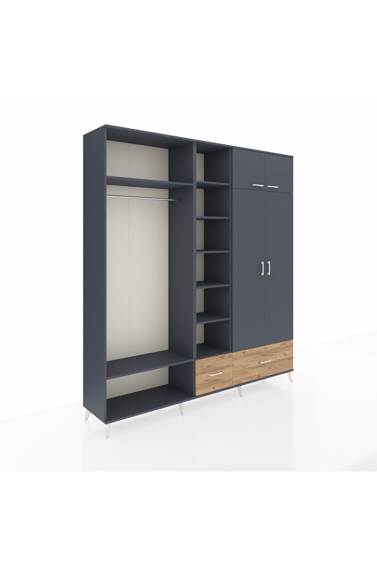 Hyperion Dolap 12 Raflı 2 Çekmeceli 2 Askılı 220x44x243 Antrasit-Antrasit/Çam