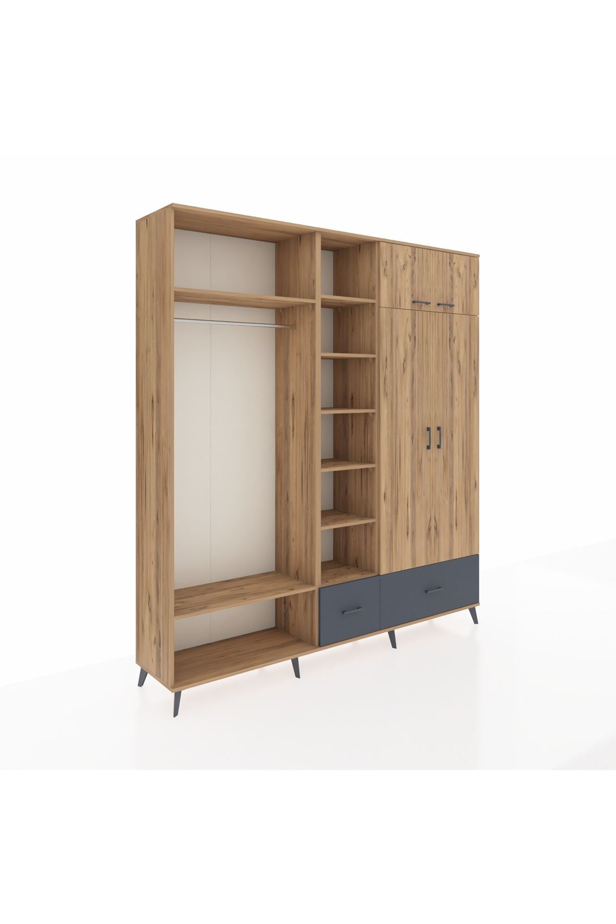 Hyperion Dolap 12 Raflı 2 Çekmeceli 2 Askılı 220x44x243 Çam-Çam/Antrasit