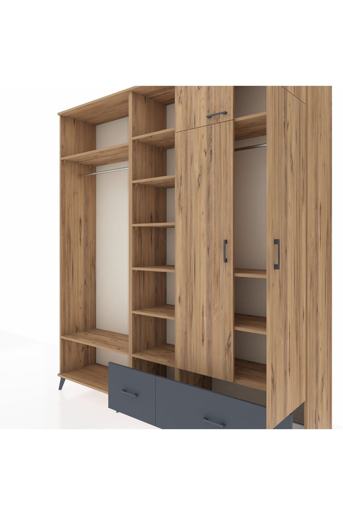 Hyperion Dolap 12 Raflı 2 Çekmeceli 2 Askılı 220x44x243 Çam-Çam/Antrasit