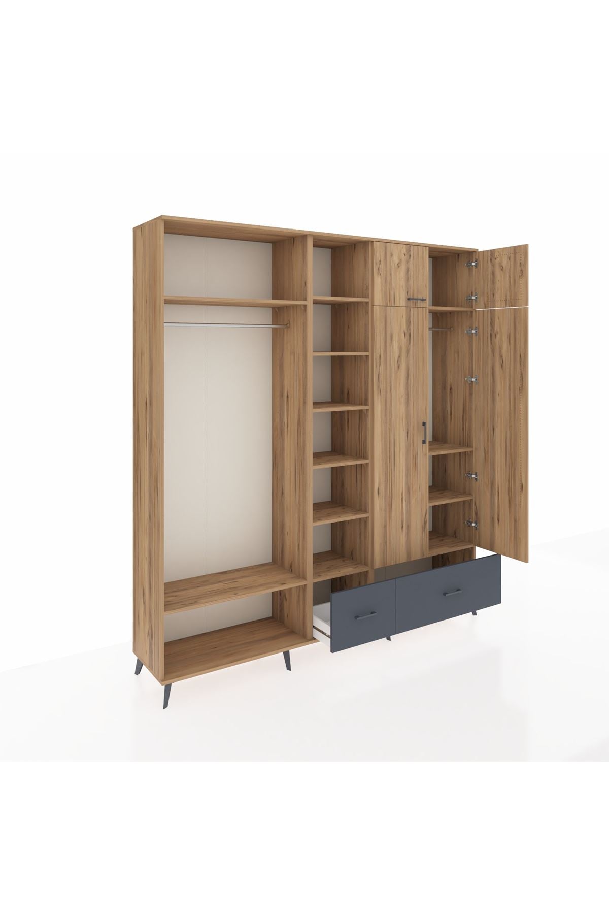 Hyperion Dolap 12 Raflı 2 Çekmeceli 2 Askılı 220x44x243 Çam-Çam/Antrasit