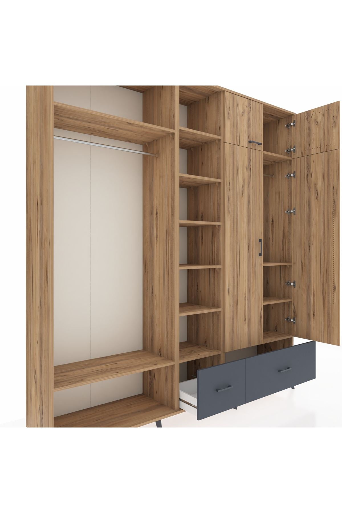 Hyperion Dolap 12 Raflı 2 Çekmeceli 2 Askılı 220x44x243 Çam-Çam/Antrasit