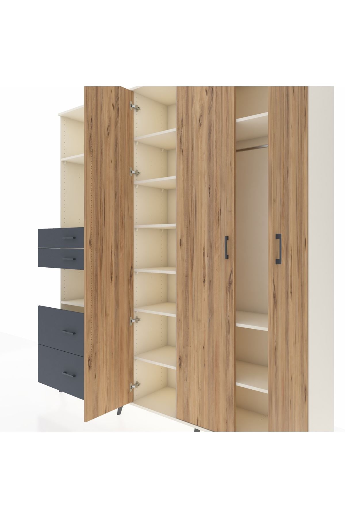 Hyperion Dolap 12 Raflı 4 Çekmeceli Tek Askılı 220x44x243 Aytaşı-Çam/Antrasit