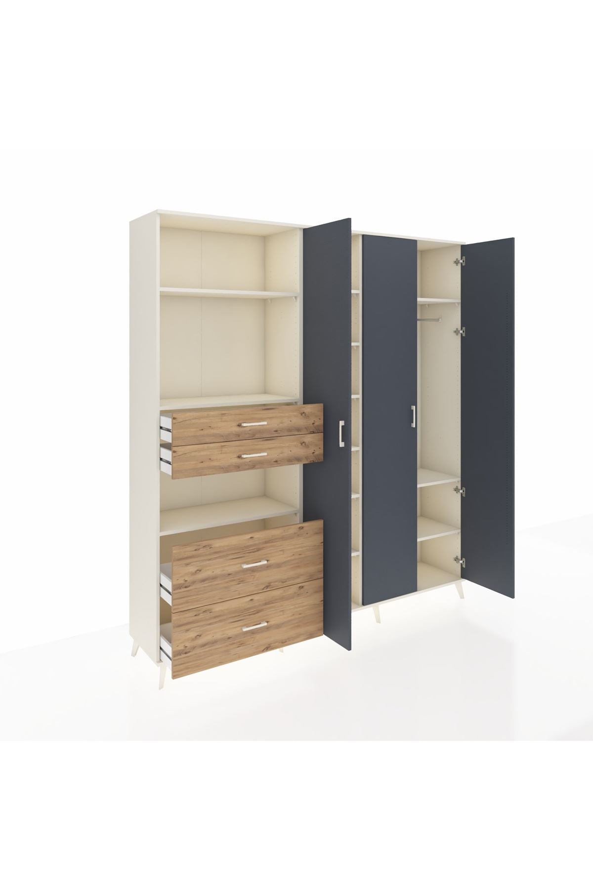 Hyperion Dolap 12 Raflı 4 Çekmeceli Tek Askılı 220x44x243 Aytaşı-Antrasit/Çam