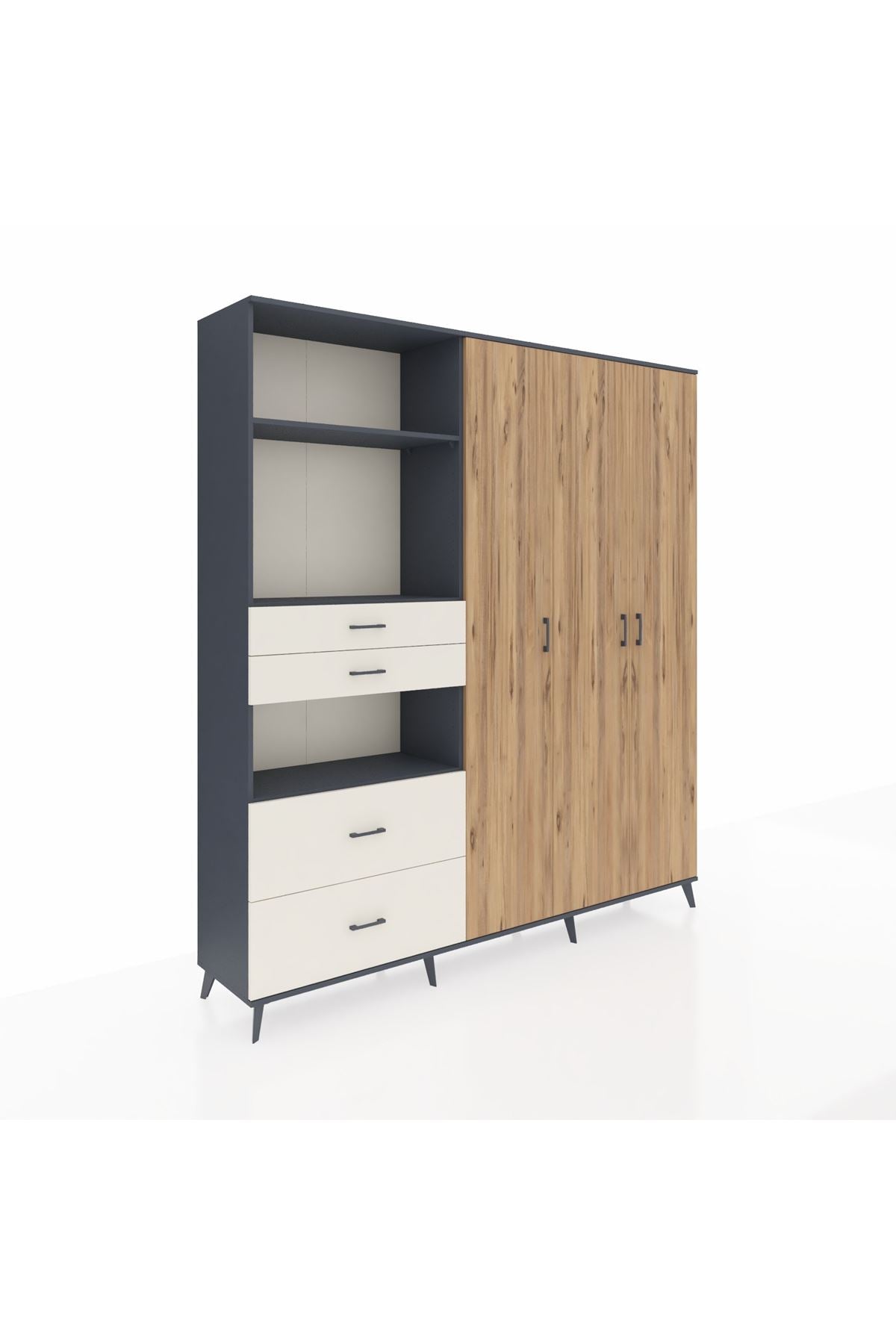 Hyperion Dolap 12 Raflı 4 Çekmeceli Tek Askılı 220x44x243 Antrasit-Çam/Aytaşı