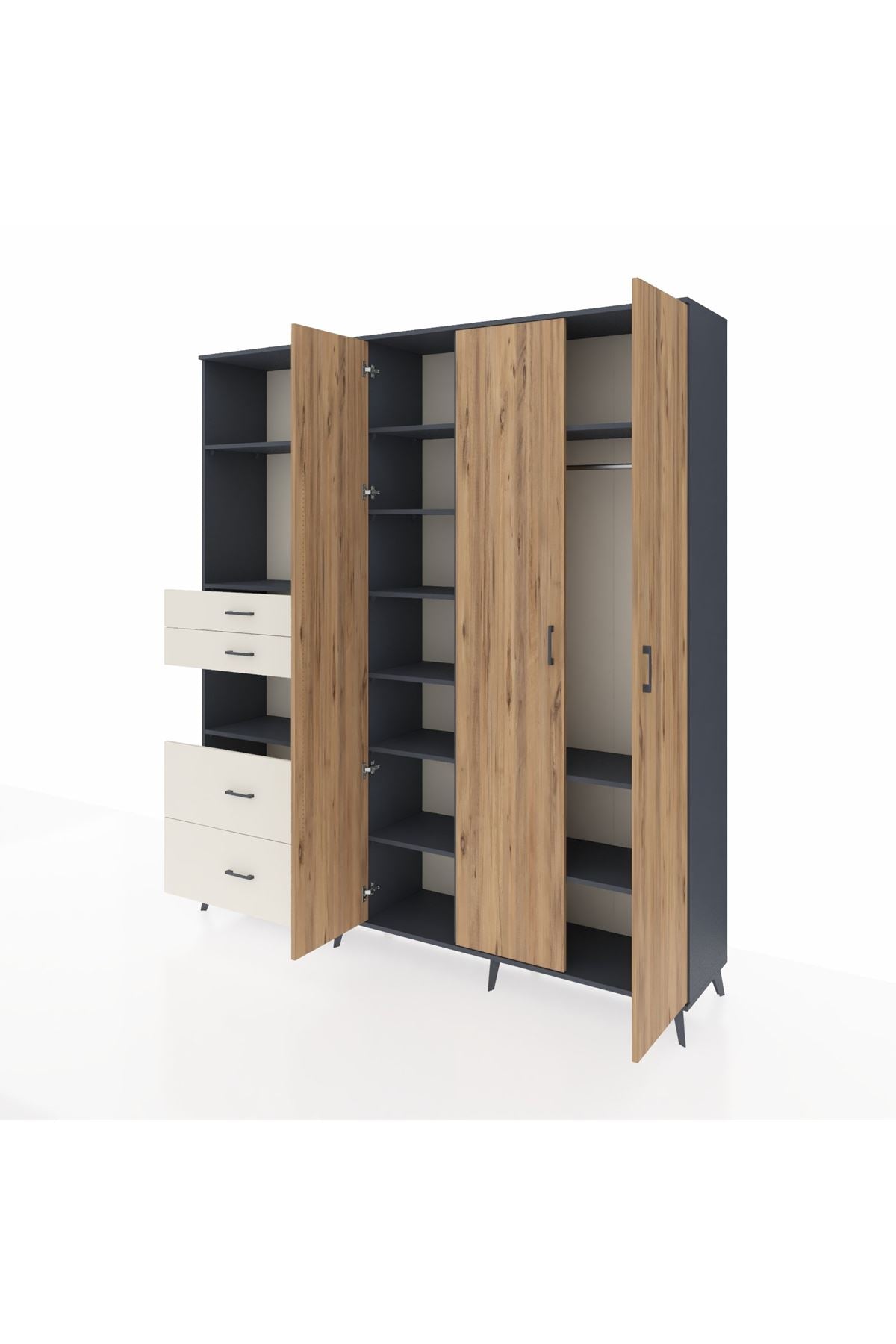 Hyperion Dolap 12 Raflı 4 Çekmeceli Tek Askılı 220x44x243 Antrasit-Çam/Aytaşı