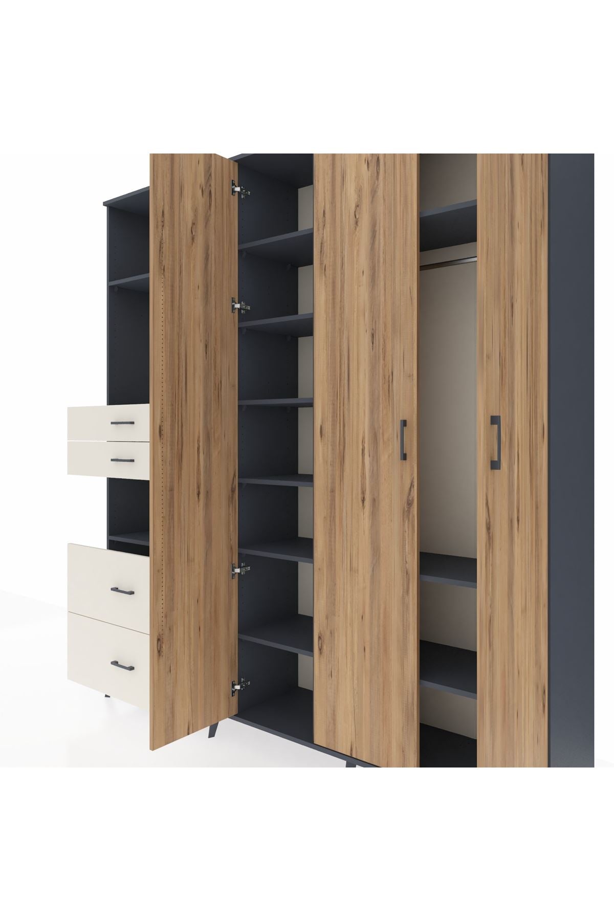 Hyperion Dolap 12 Raflı 4 Çekmeceli Tek Askılı 220x44x243 Antrasit-Çam/Aytaşı