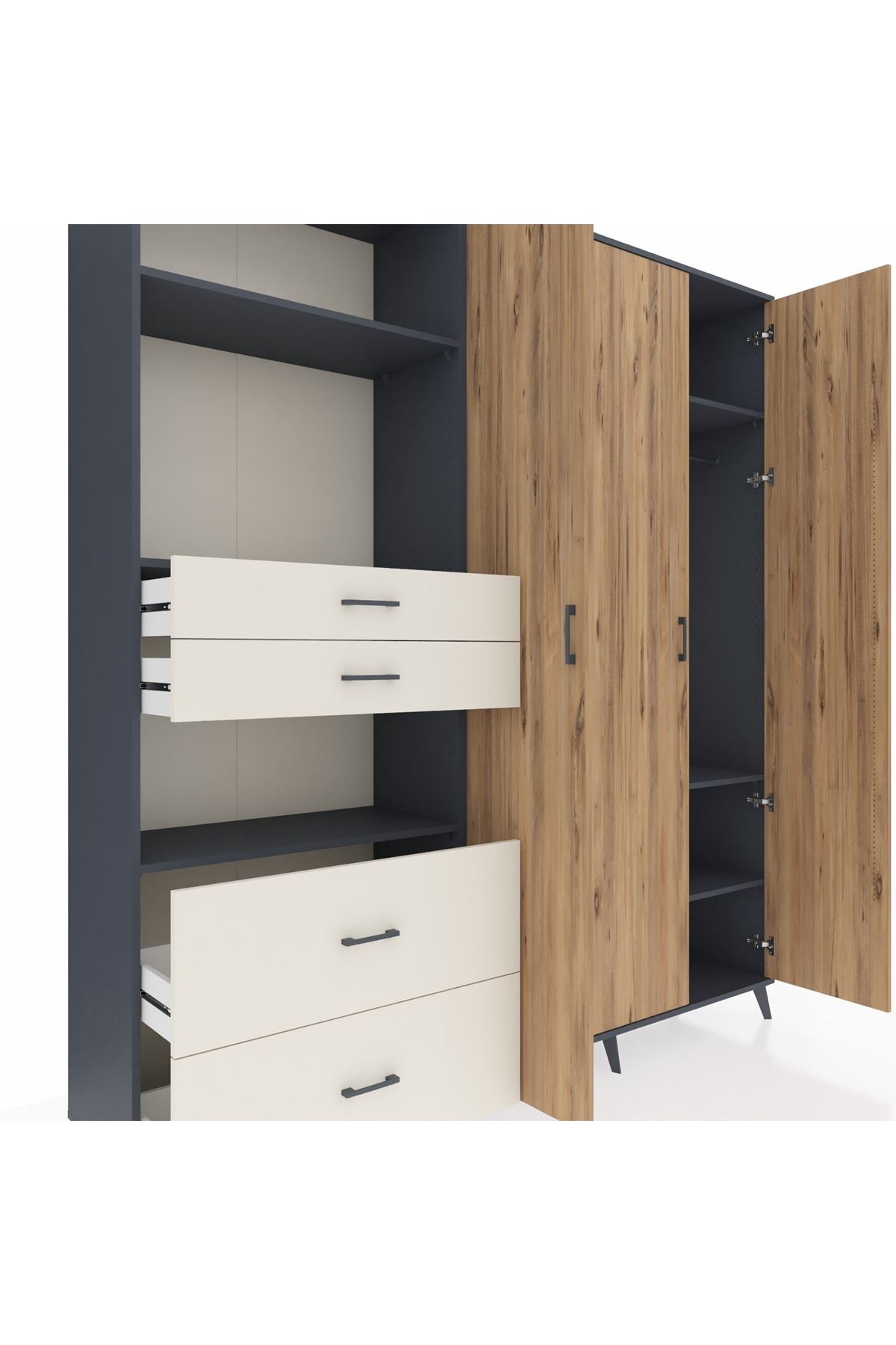 Hyperion Dolap 12 Raflı 4 Çekmeceli Tek Askılı 220x44x243 Antrasit-Çam/Aytaşı