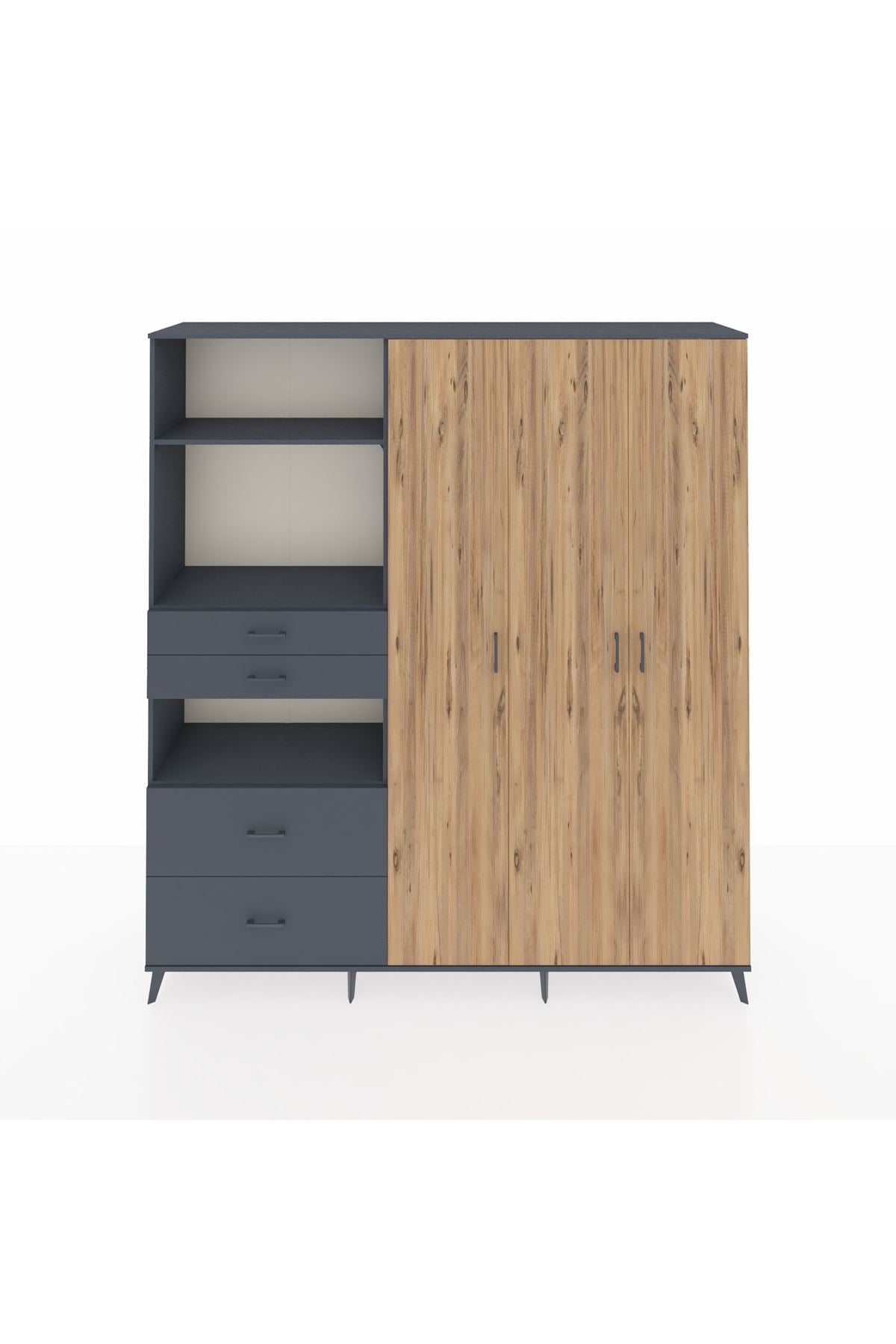 Hyperion Dolap 12 Raflı 4 Çekmeceli Tek Askılı 220x44x243 Antrasit-Çam/Antrasit