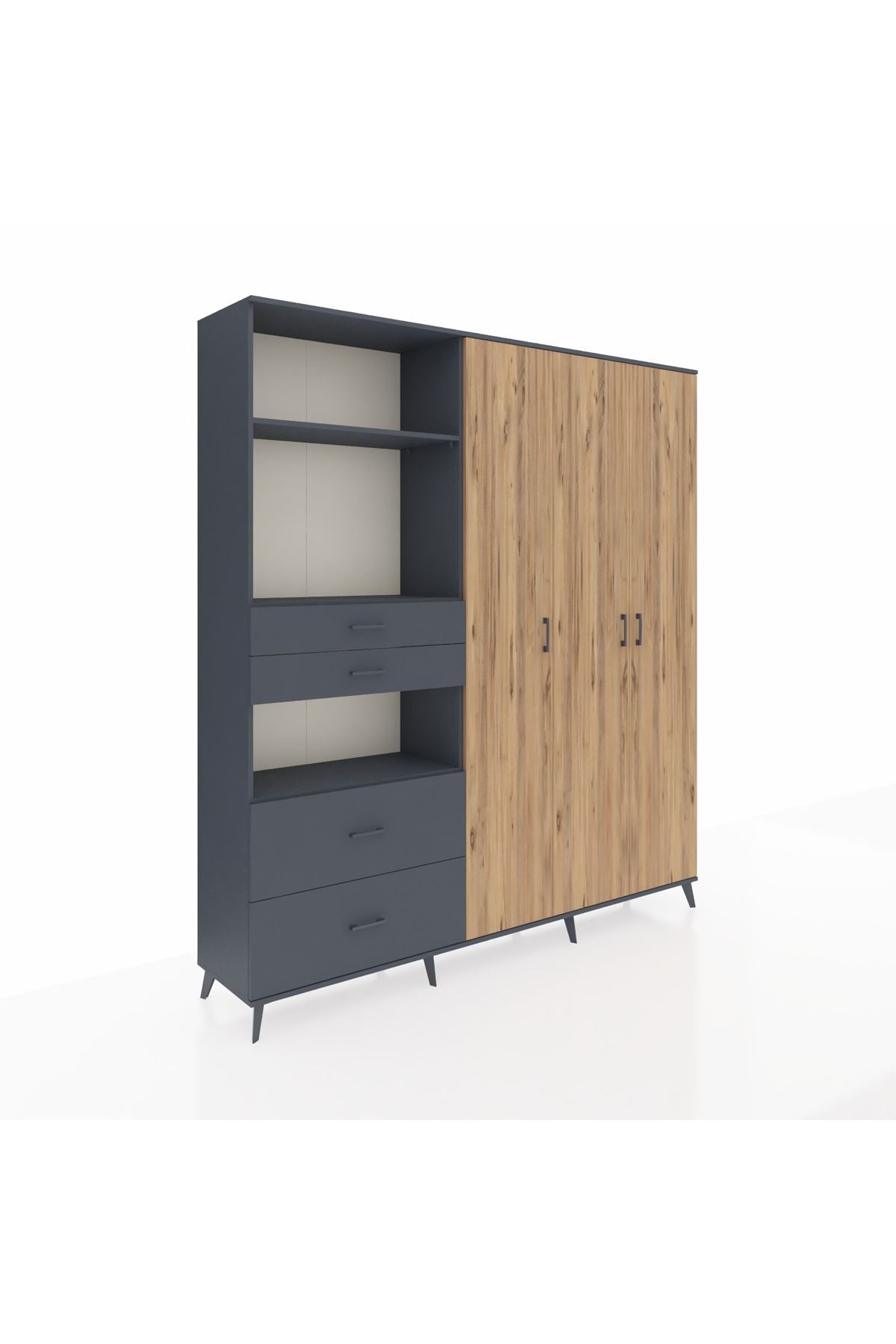 Hyperion Dolap 12 Raflı 4 Çekmeceli Tek Askılı 220x44x243 Antrasit-Çam/Antrasit