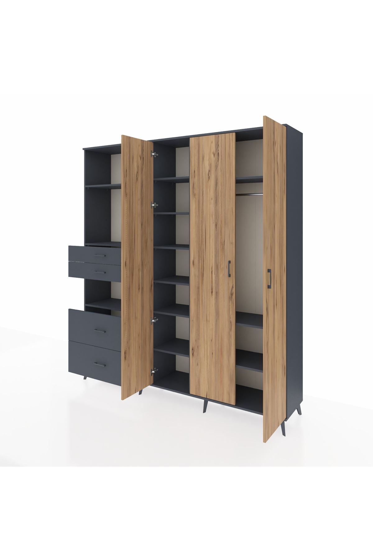 Hyperion Dolap 12 Raflı 4 Çekmeceli Tek Askılı 220x44x243 Antrasit-Çam/Antrasit