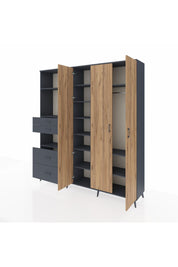 Hyperion Dolap 12 Raflı 4 Çekmeceli Tek Askılı 220x44x243 Antrasit-Çam/Antrasit