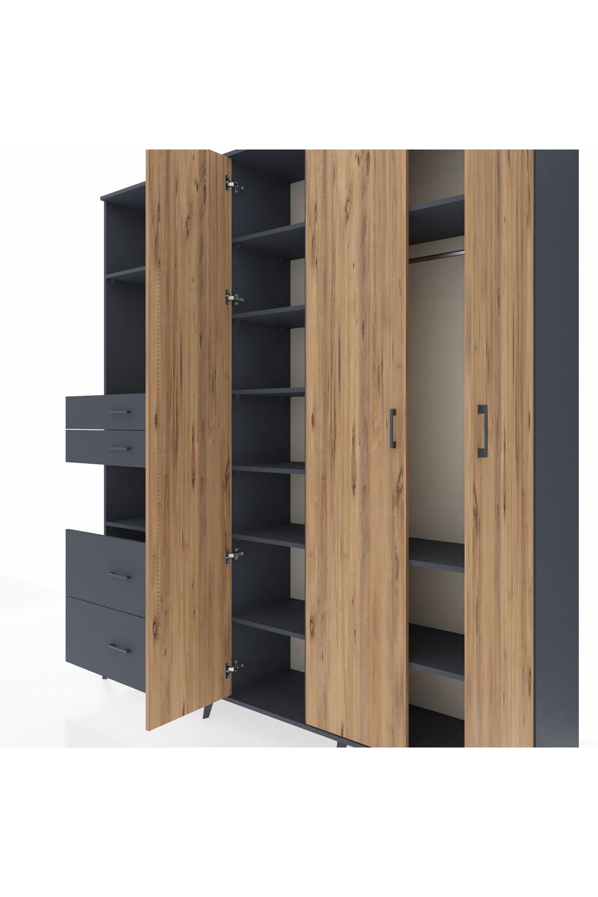 Hyperion Dolap 12 Raflı 4 Çekmeceli Tek Askılı 220x44x243 Antrasit-Çam/Antrasit