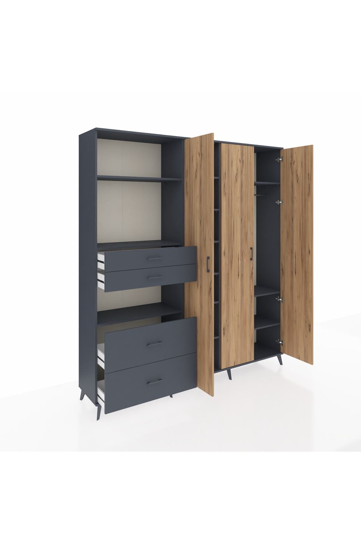 Hyperion Dolap 12 Raflı 4 Çekmeceli Tek Askılı 220x44x243 Antrasit-Çam/Antrasit