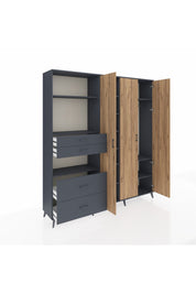 Hyperion Dolap 12 Raflı 4 Çekmeceli Tek Askılı 220x44x243 Antrasit-Çam/Antrasit