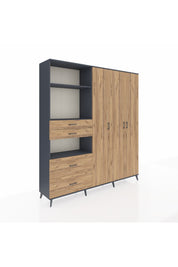 Hyperion Gardrop 12 Raflı 4 Çekmeceli Tek Askılı 220x44x243 Antrasit-Çam/Çam