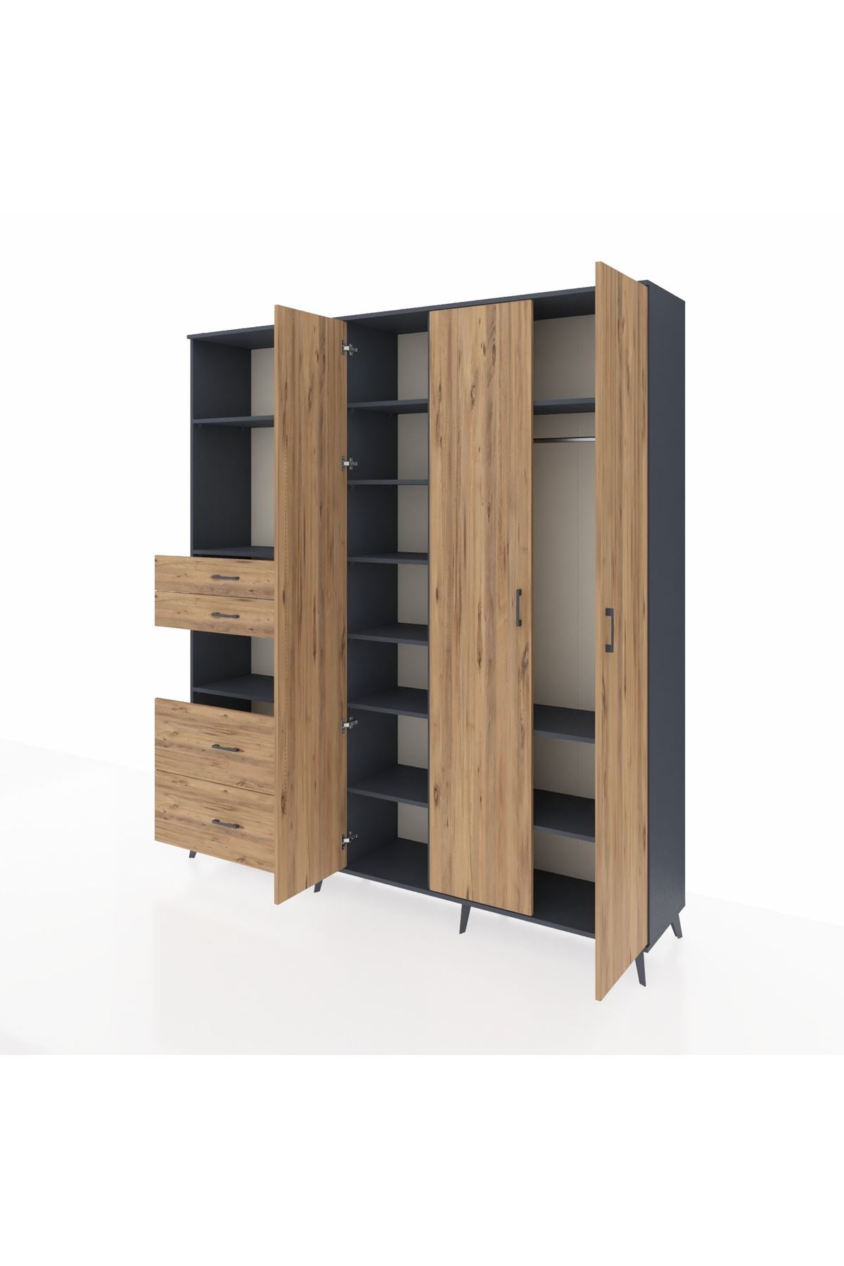 Hyperion Gardrop 12 Raflı 4 Çekmeceli Tek Askılı 220x44x243 Antrasit-Çam/Çam