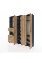 Hyperion Gardrop 12 Raflı 4 Çekmeceli Tek Askılı 220x44x243 Antrasit-Çam/Çam