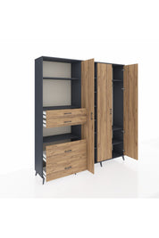 Hyperion Gardrop 12 Raflı 4 Çekmeceli Tek Askılı 220x44x243 Antrasit-Çam/Çam