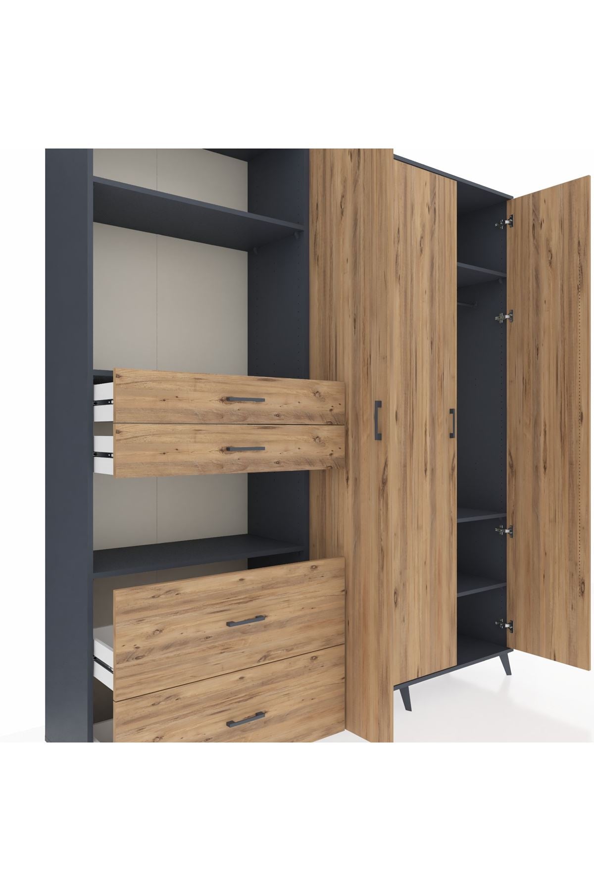 Hyperion Gardrop 12 Raflı 4 Çekmeceli Tek Askılı 220x44x243 Antrasit-Çam/Çam