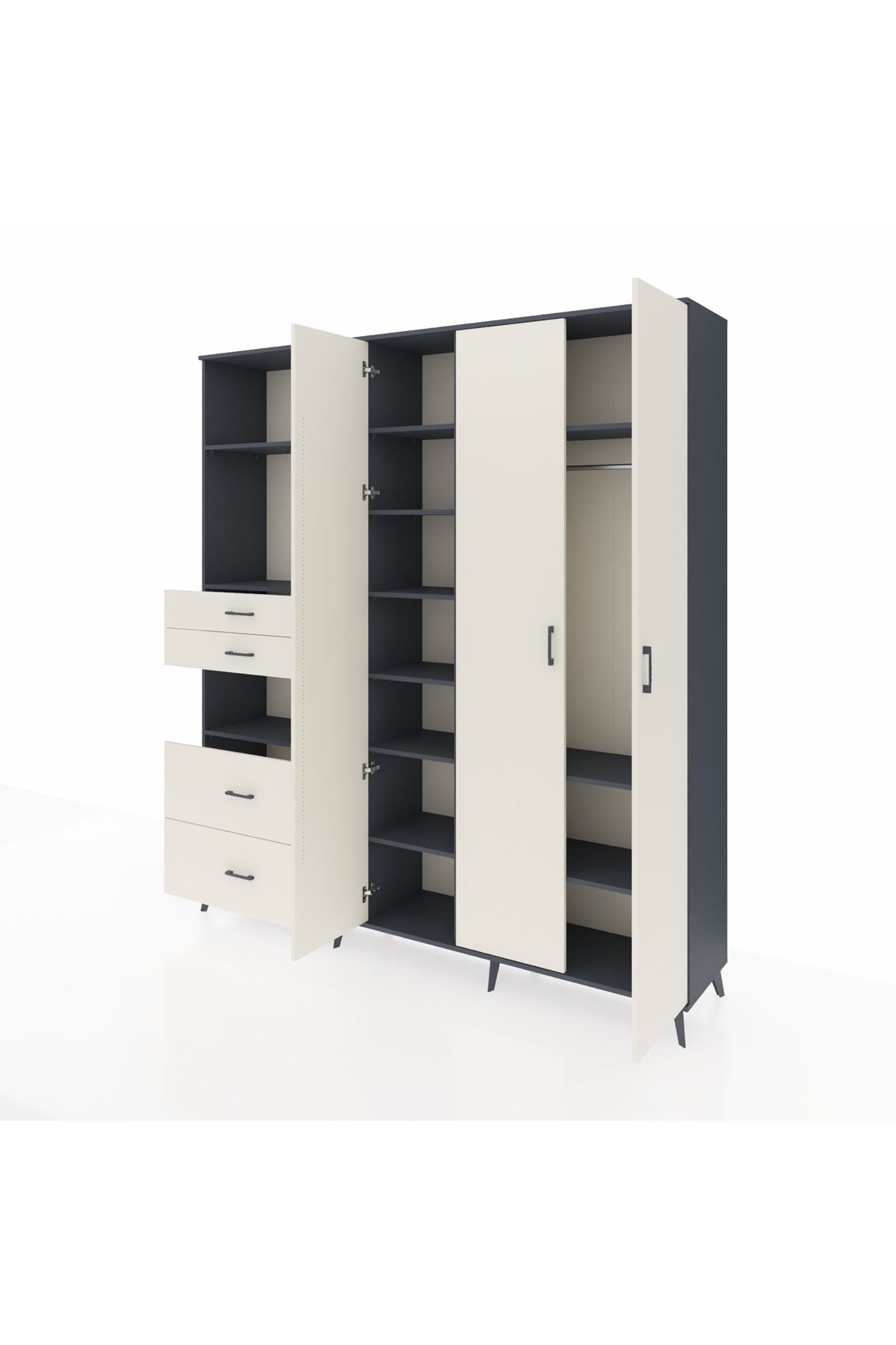 Hyperion Gardrop 12 Raflı 4 Çekmeceli Tek Askılı 220x44x243 Antrasit-Aytaşı/Aytaşı