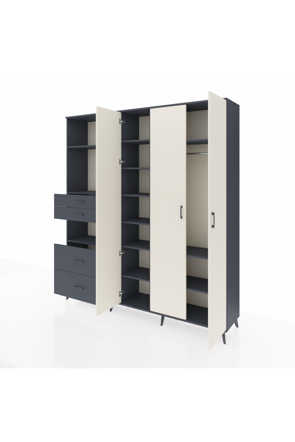 Hyperion Dolap 12 Raflı 4 Çekmeceli Tek Askılı 220x44x243 Antrasit-Aytaşı/Antrasit