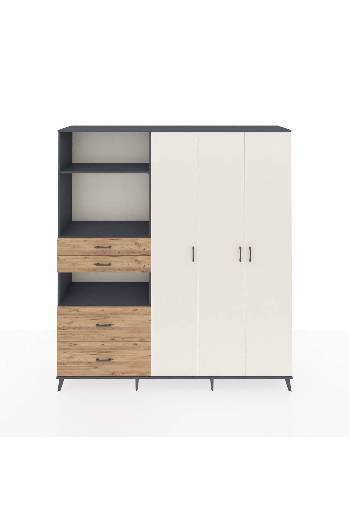 Hyperion Dolap 12 Raflı 4 Çekmeceli Tek Askılı 220x44x243 Antrasit-Aytaşı/Çam