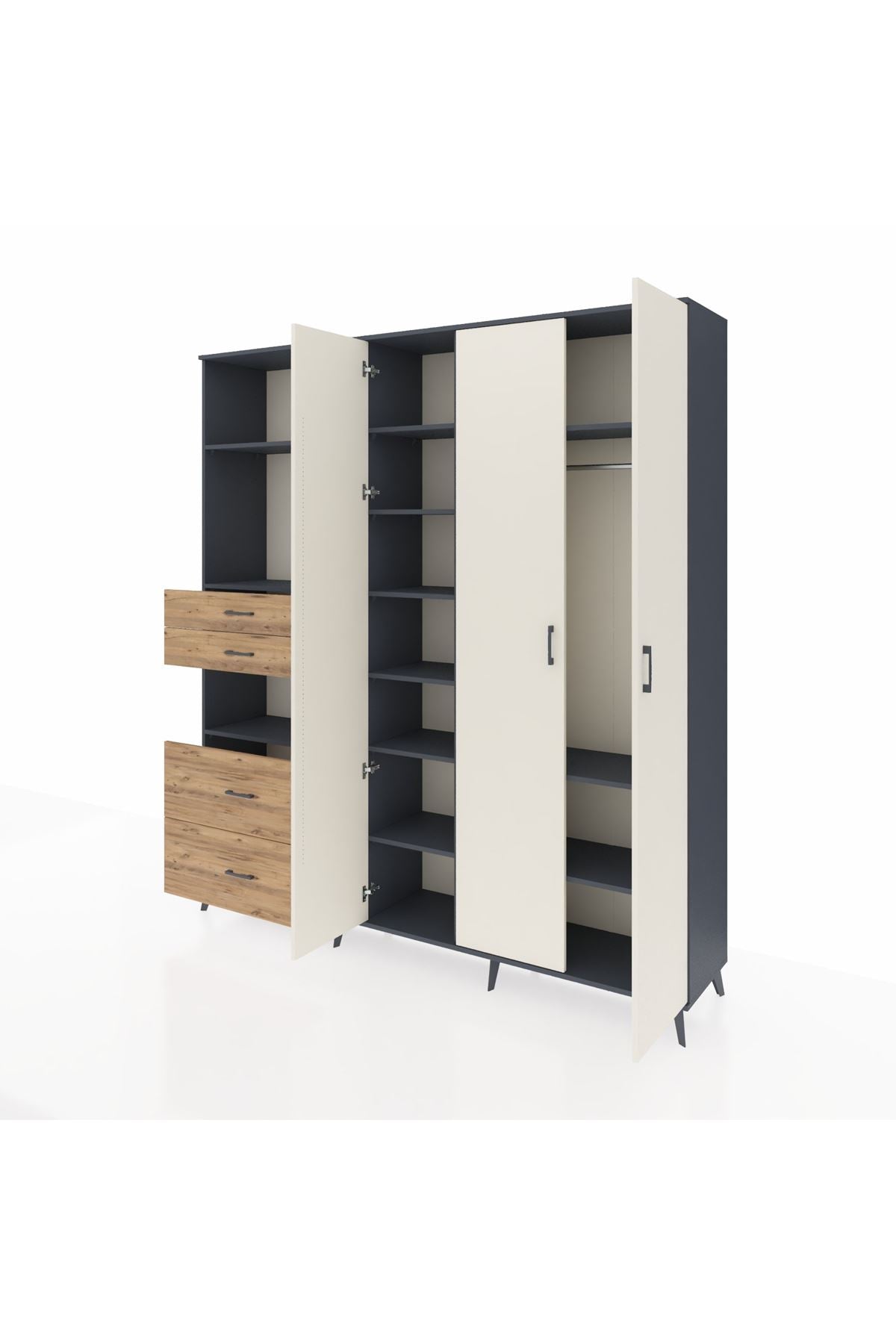 Hyperion Dolap 12 Raflı 4 Çekmeceli Tek Askılı 220x44x243 Antrasit-Aytaşı/Çam