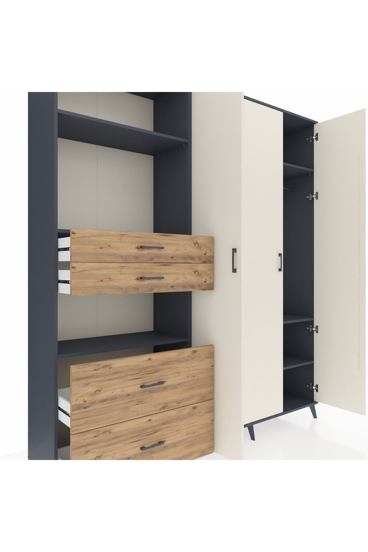 Hyperion Dolap 12 Raflı 4 Çekmeceli Tek Askılı 220x44x243 Antrasit-Aytaşı/Çam