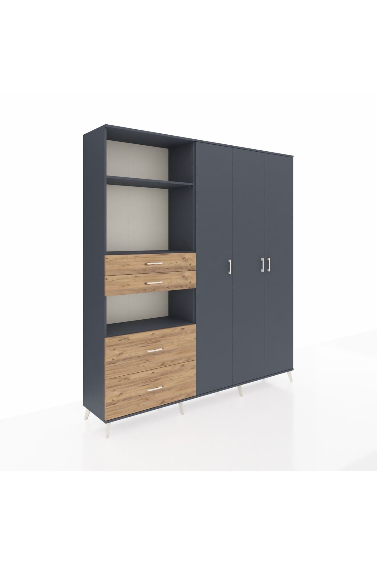 Hyperion Dolap 12 Raflı 4 Çekmeceli Tek Askılı 220x44x243 Antrasit-Antrasit/Çam