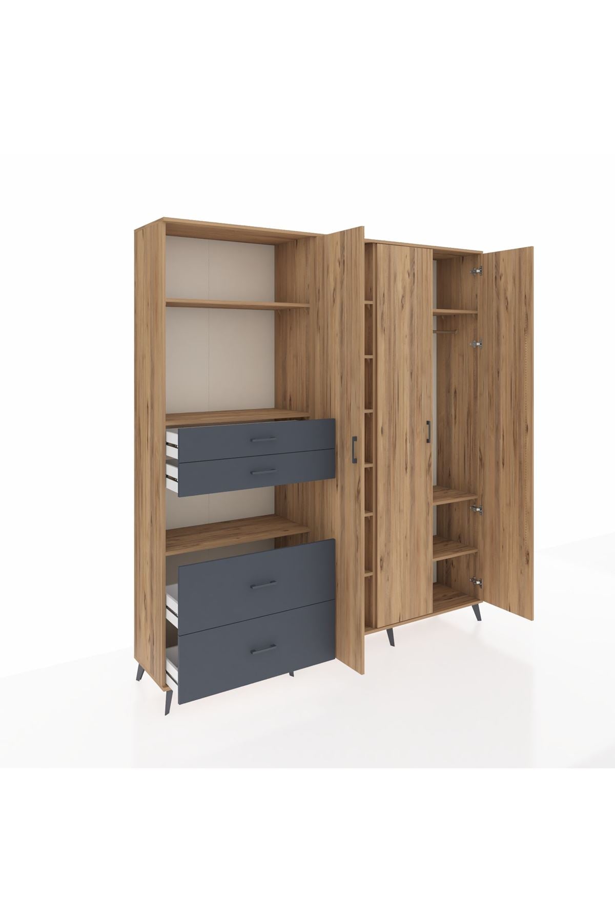 Hyperion Dolap 12 Raflı 4 Çekmeceli Tek Askılı 220x44x243 Çam-Çam/Antrasit