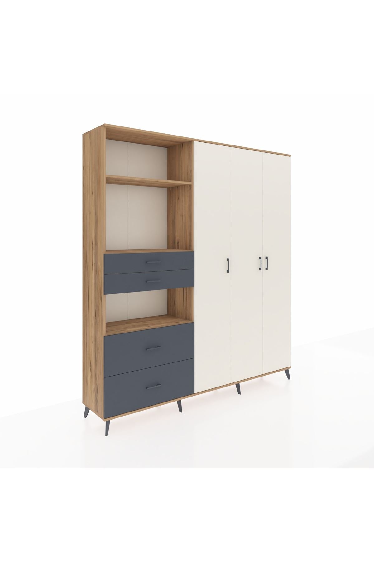 Hyperion Dolap 12 Raflı 4 Çekmeceli Tek Askılı 220x44x243 Çam-Aytaşı/Antrasit