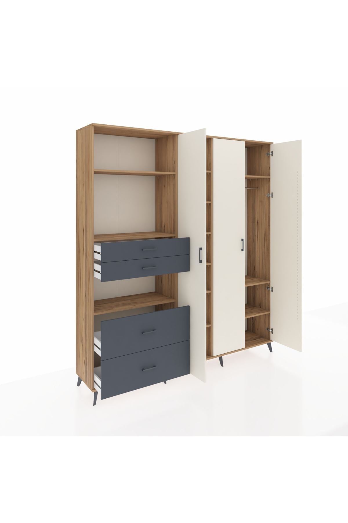 Hyperion Dolap 12 Raflı 4 Çekmeceli Tek Askılı 220x44x243 Çam-Aytaşı/Antrasit